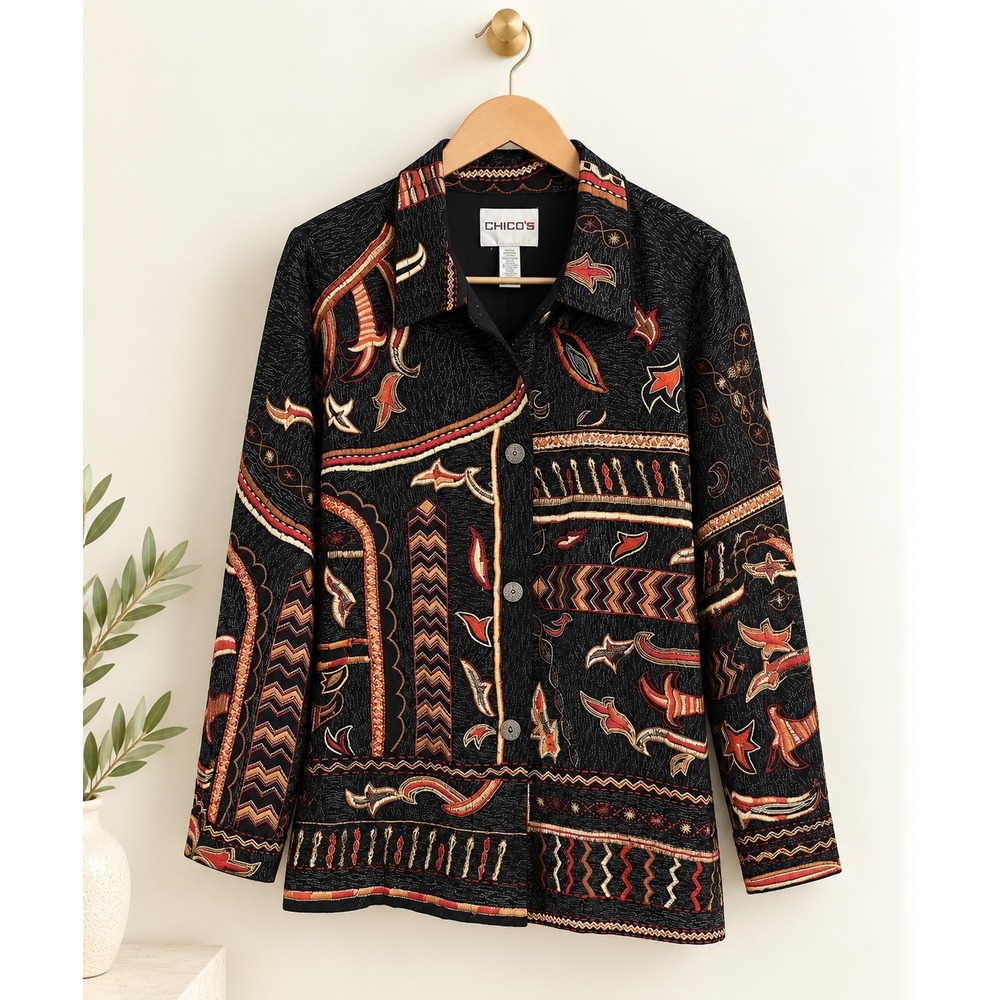 Chicos Size 3 Embroidered Art to Wear Button Front Jacket Black Rust Metallic